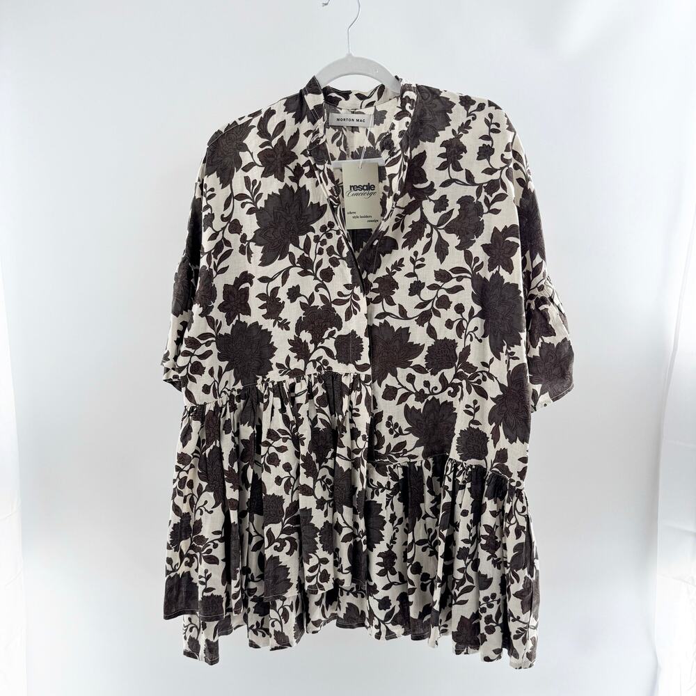 Morton Mac Tilda Linen Floral Flutter Sleeve Tiered Mini Shirtdress Brown Small